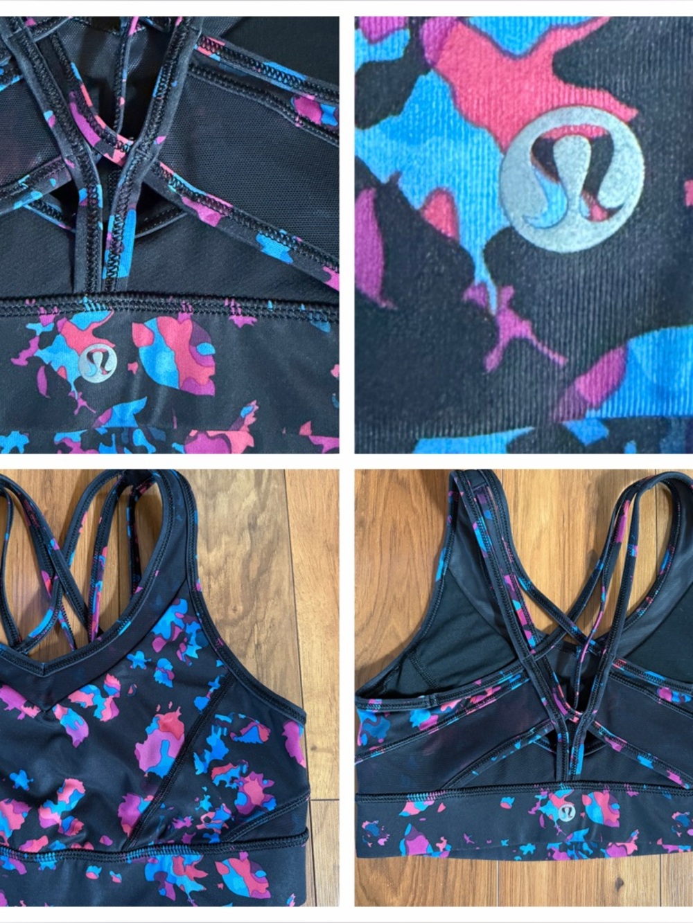 Lululemon Black Sports Bra with Pink & Blue Abstract Print size 6